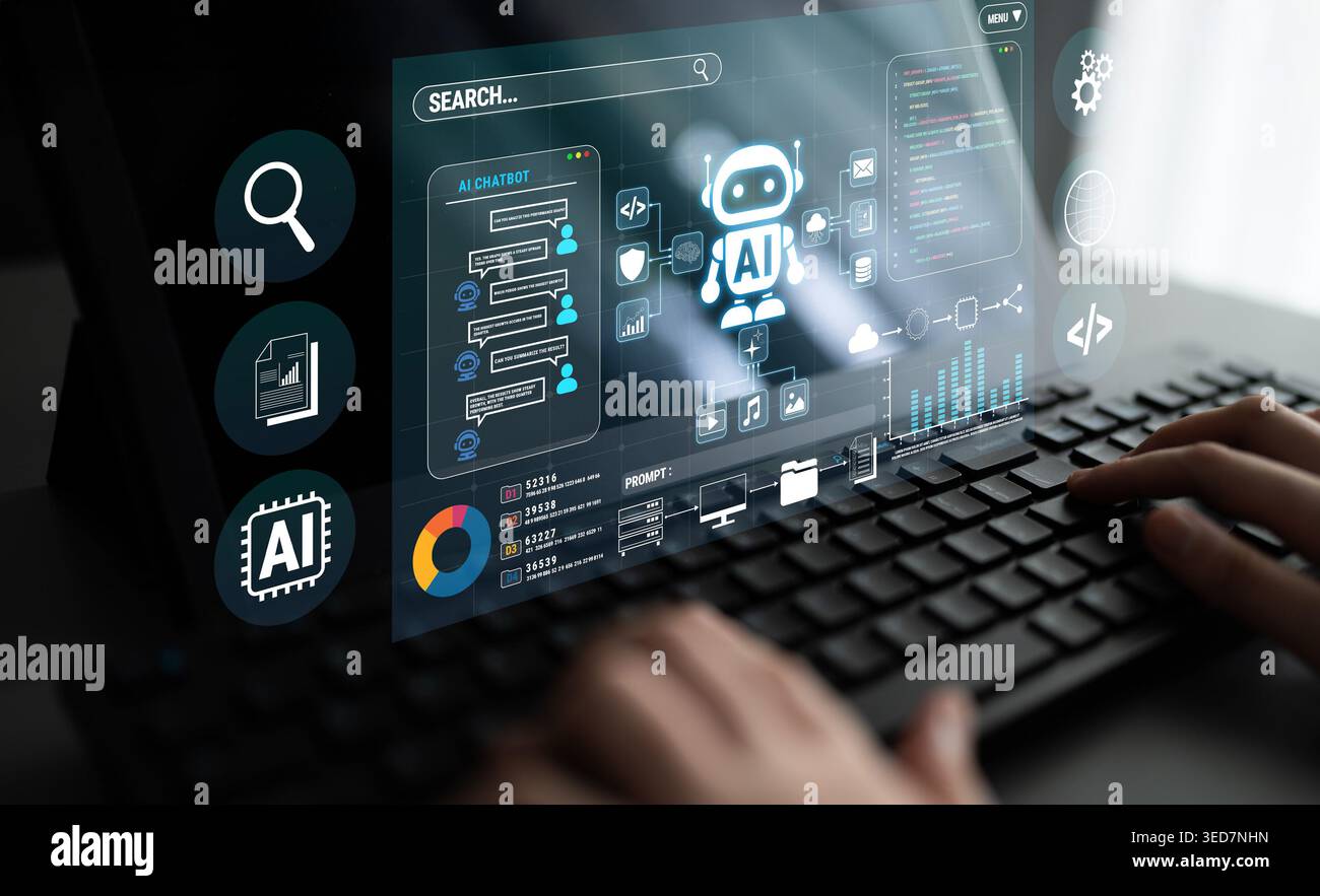 Person using modern technology interface with artificial intelligence features and data analysis tools on a digital screen in a work environment Stock Photo