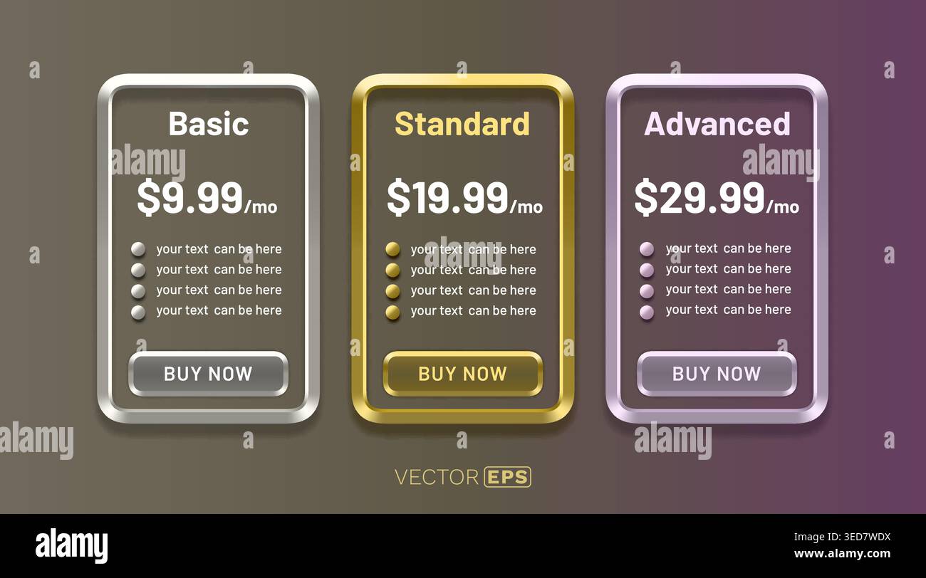 Modern glossy pricing tables for subscription plans. Basic, Standard, Advanced options for web services. Vector illustration. Stock Vector