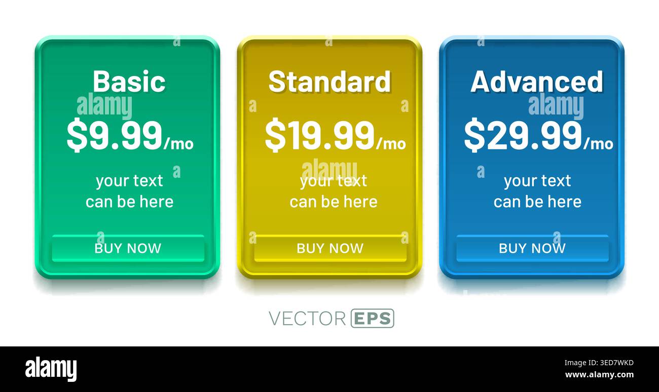 Modern pricing table design with three subscription plans Basic, Standard, Advanced. Perfect for web and UI elements. Vector illustration. Stock Vector