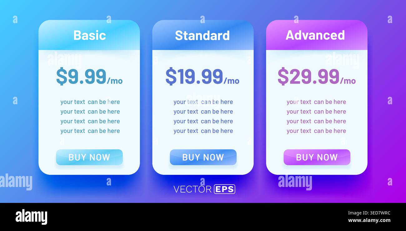Modern three-tier pricing table design, featuring Basic, Standard, and Advanced subscription plans. Vector illustration. Stock Vector