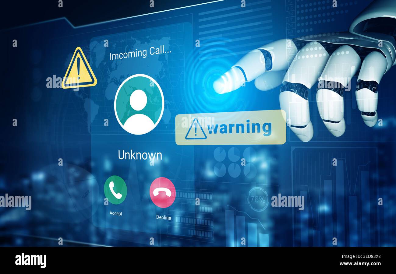 This image features a robotic hand interacting with a digital interface displaying an unknown incoming call and warnings, highlighting tech and Stock Photo