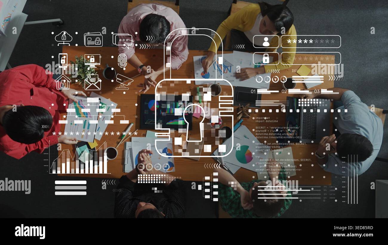 A diverse team collaborates on data analysis in a contemporary office, integrating digital security concepts with visuals, emphasizing teamwork and Stock Photo