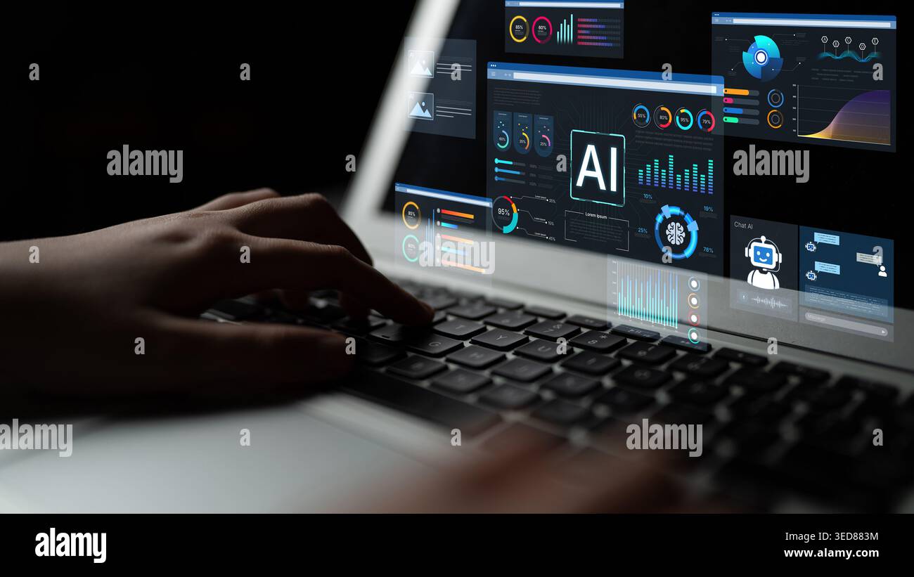 AI business intelligence interface featuring real-time AI data visualization, predictive AI model graphs, and automated report tools driven by AI Stock Photo