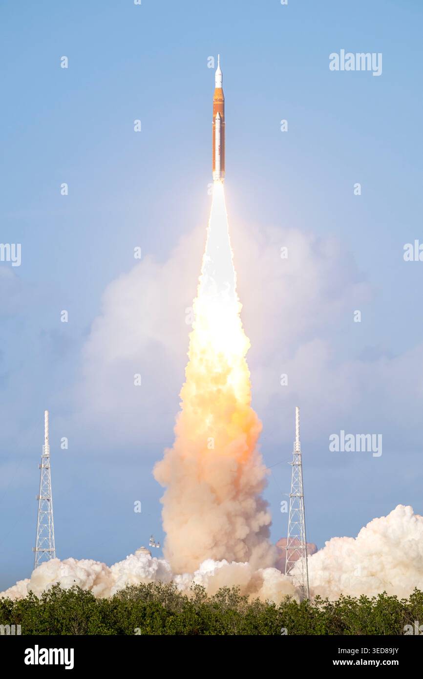 United States, Florida, Kennedy Space Center (KSC), NASA's lunar rocket, Artemis II, was launched on Wednesday, April 1, 2026 Stock Photo