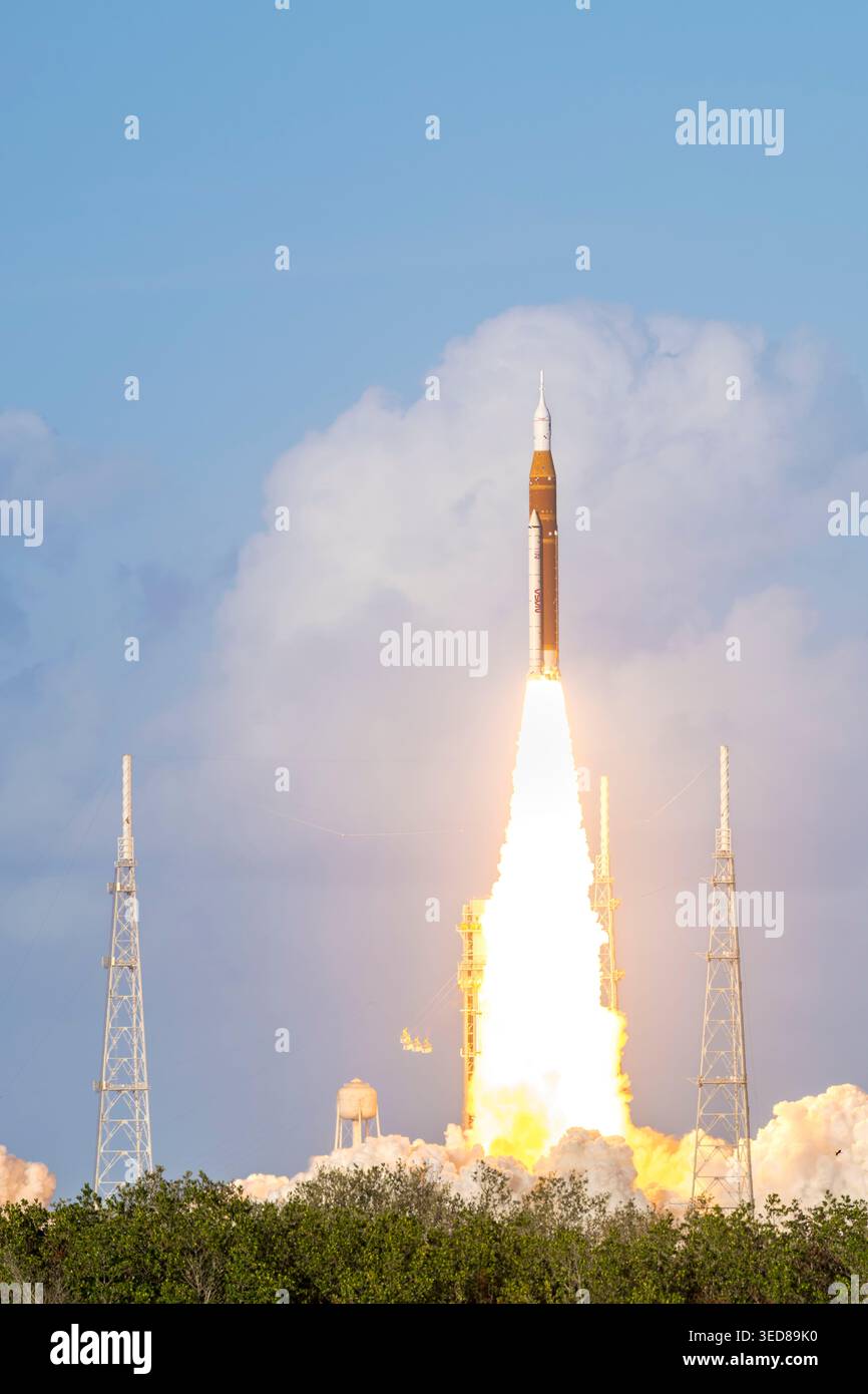 United States, Florida, Kennedy Space Center (KSC), NASA's lunar rocket, Artemis II, was launched on Wednesday, April 1, 2026 Stock Photo