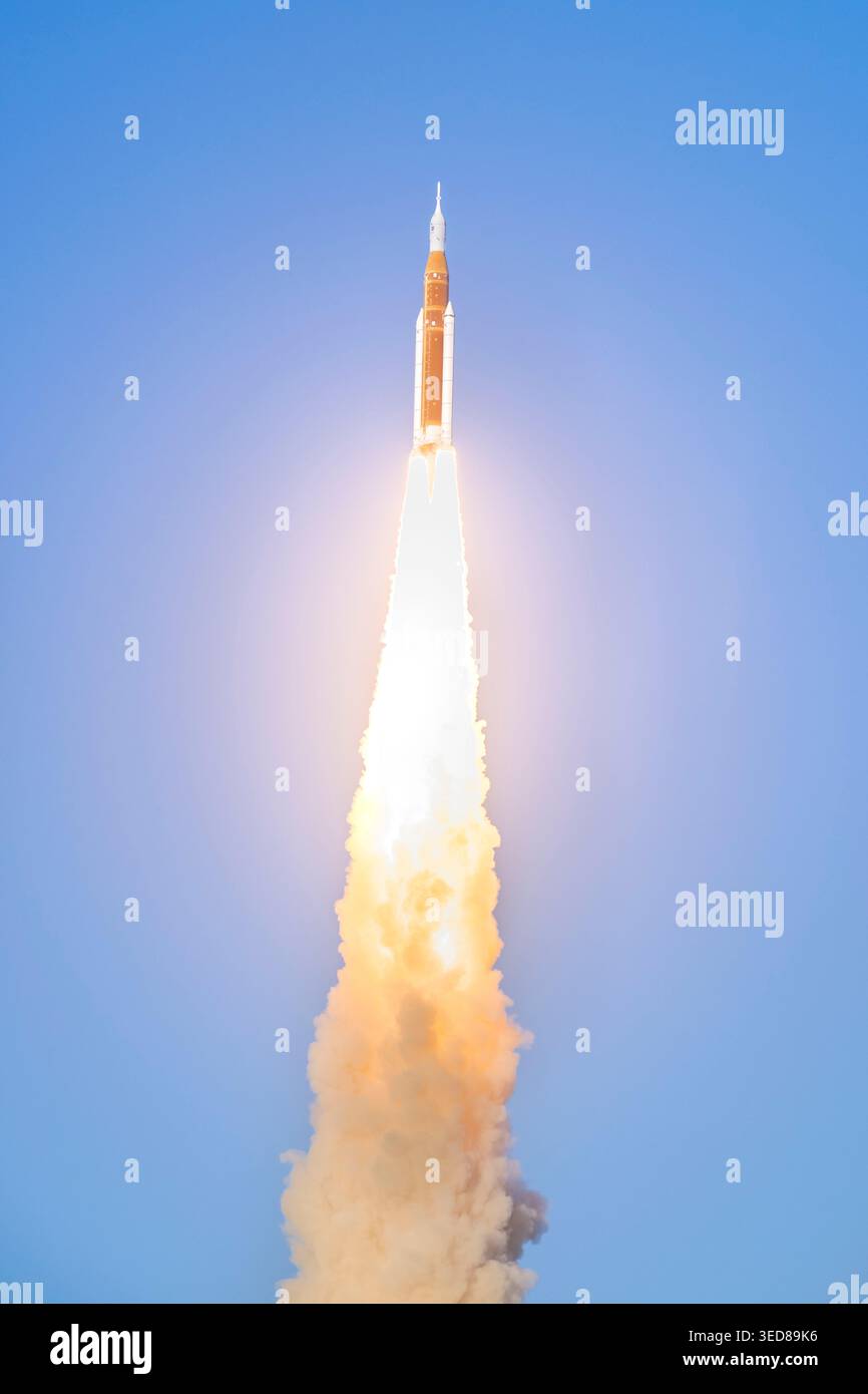 United States, Florida, Kennedy Space Center (KSC), NASA's lunar rocket, Artemis II, was launched on Wednesday, April 1, 2026 Stock Photo