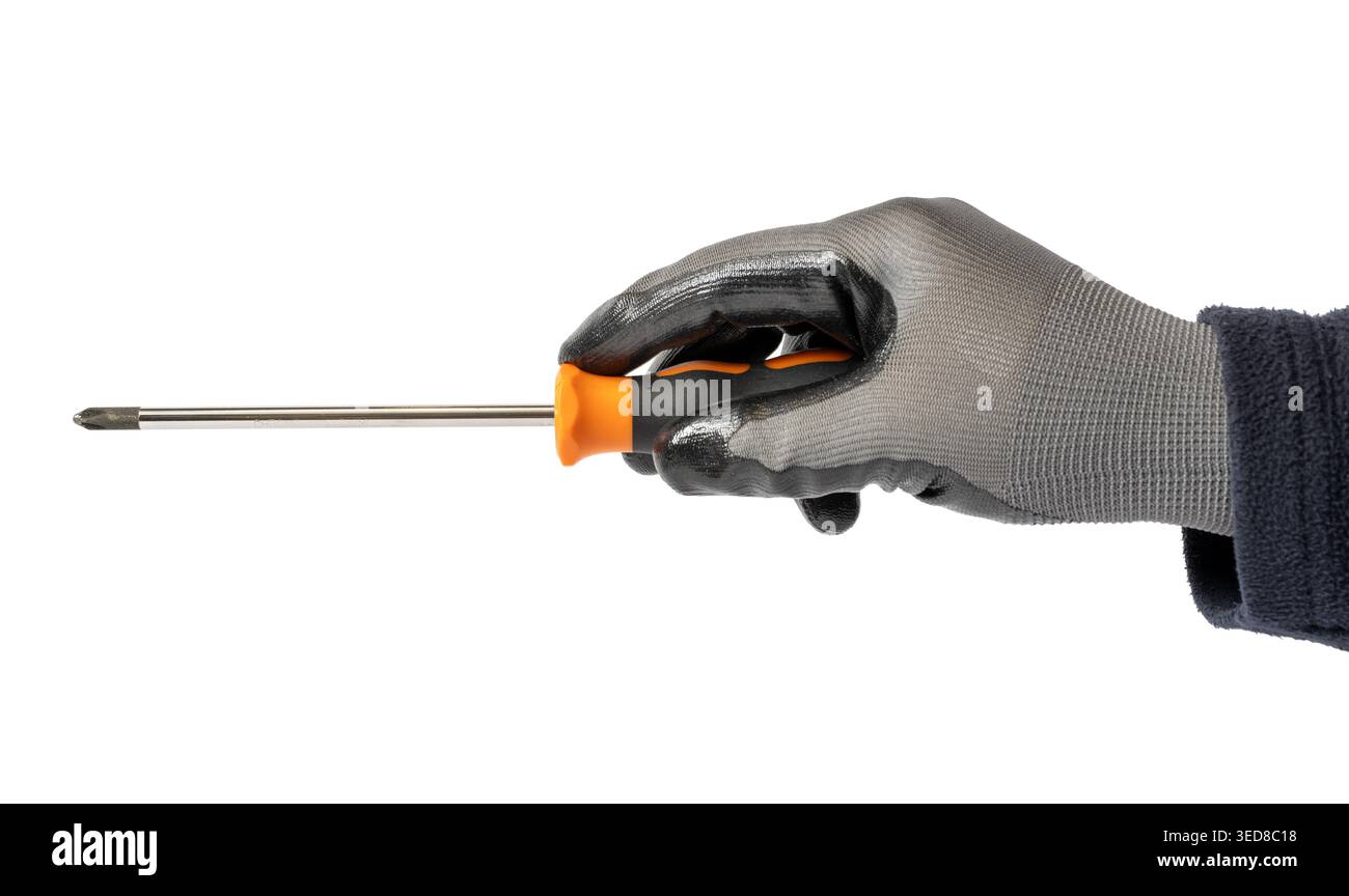gloved hand holding a screwdriver celebrating labor day spirit isolated on white background Stock Photo