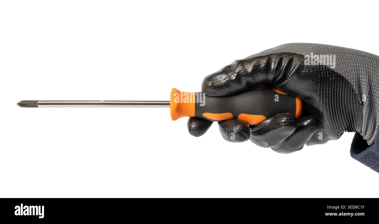 Gloved hand holding a screwdriver isolated on white background Stock Photo