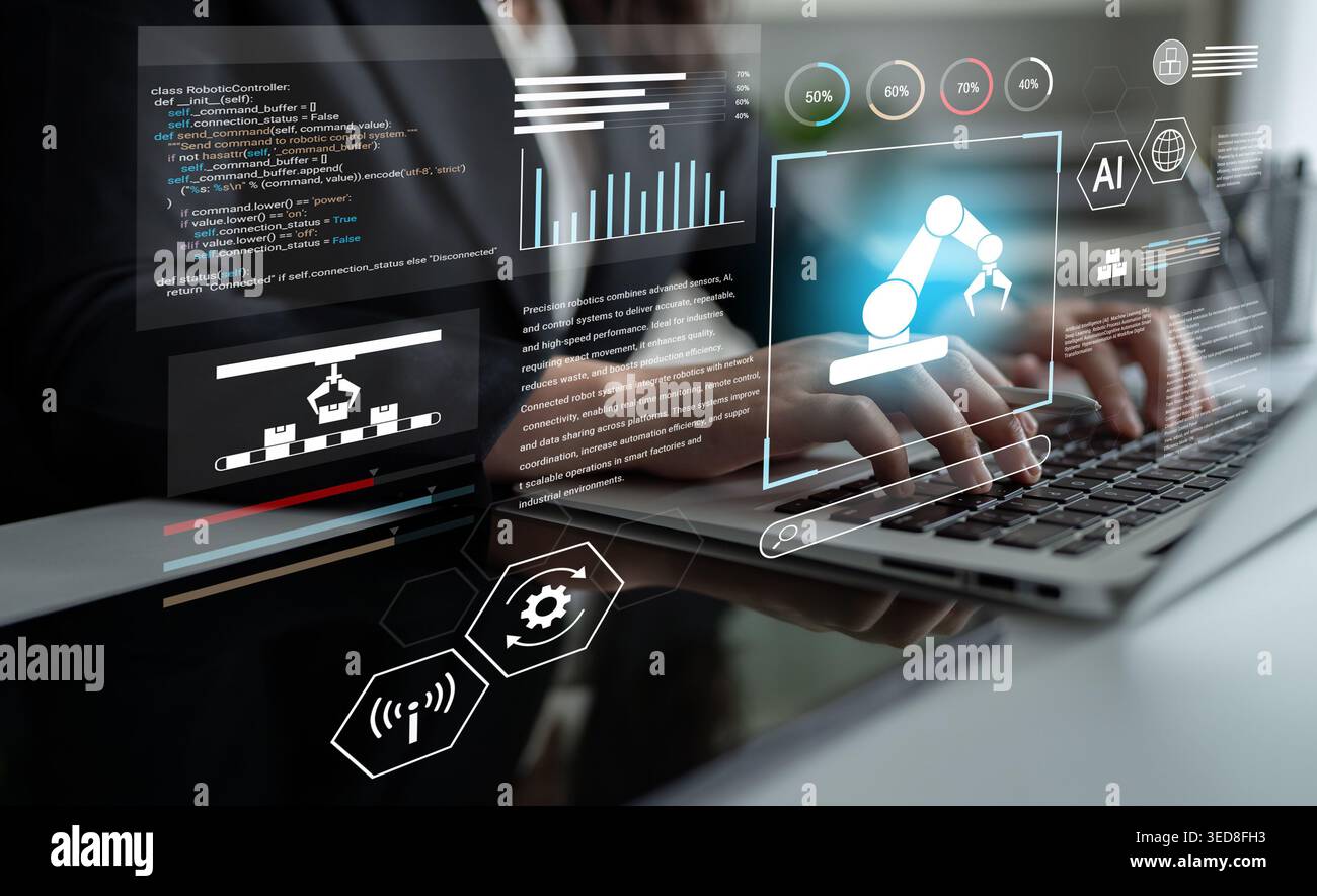 Robotic process automation enhances industrial efficiency through AI integration, intelligent control, and data-driven automation, improving workflow Stock Photo