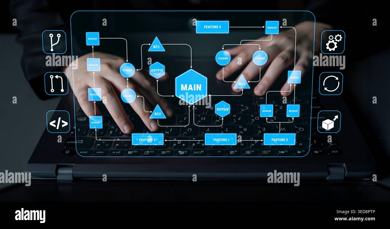 Hands Typing on Keyboard with Flowchart and Digital Interface Elements Representing Data Management and Programming Concepts in Modern Workspace Quark Stock Photo