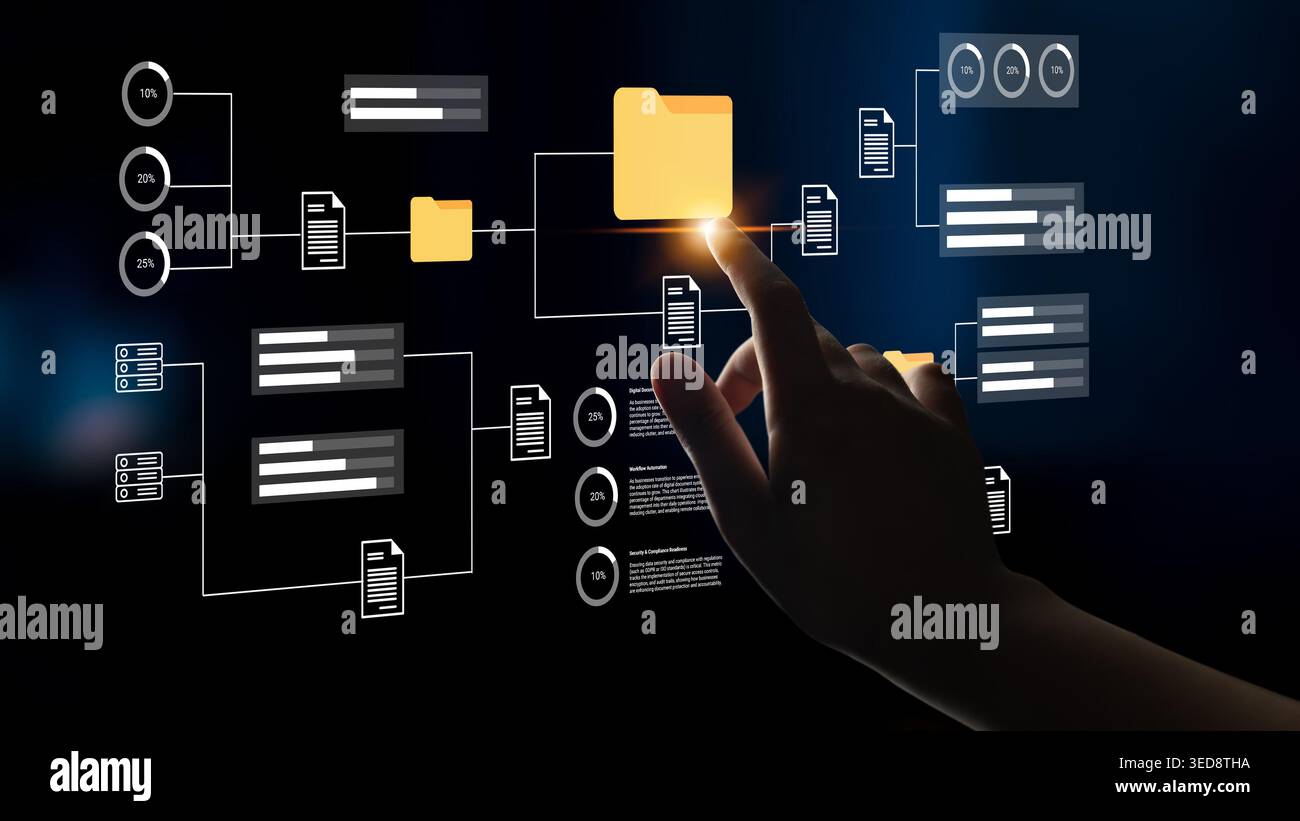 A conceptual representation of a user interacting with an abstract digital interface, showcasing folder management and data visualization in a modern Stock Photo