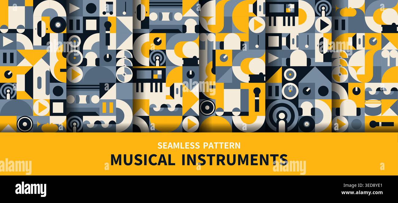 Music and sound geometric seamless patterns set. Vector retro modern ...