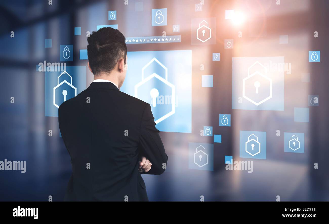 Business Professional Analyzing Digital Security Concepts on Screens in Modern Office Setting with Lock Icons and Data Visualization Elements Haptic. Stock Photo