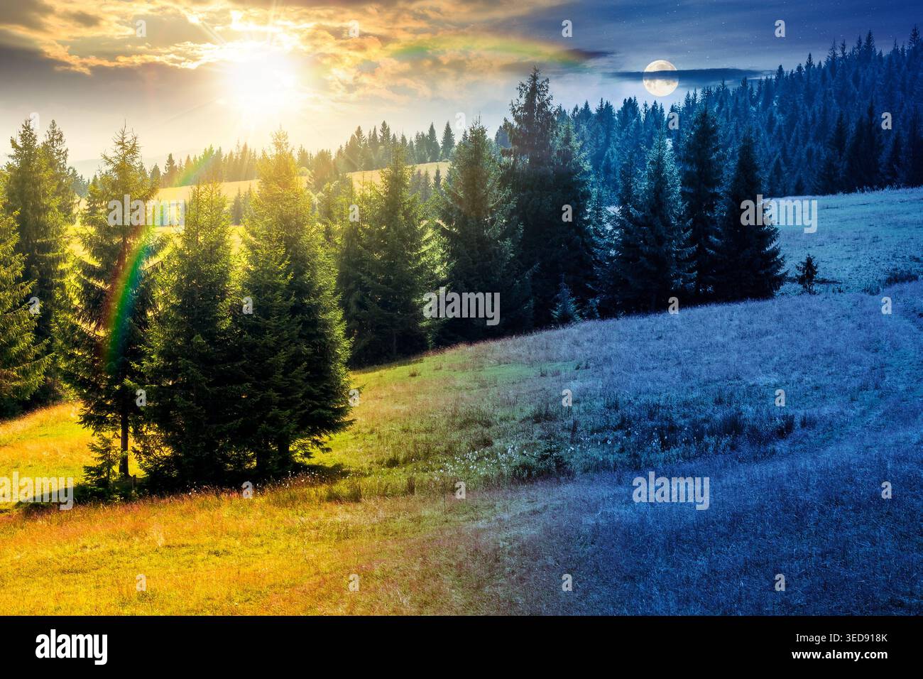 day meet night. view of a hillside of mountain range with coniferous forest and meadow. sun and moon over mountain landscape in summer at twilight. ni Stock Photo
