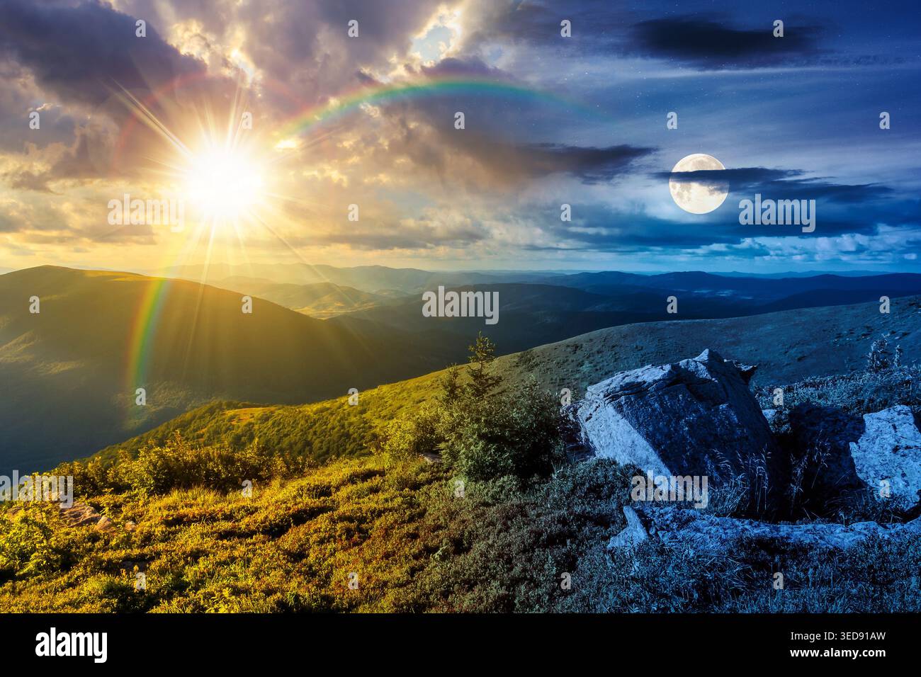 day meet night above Carpathian mountain summer landscape. sun and moon in harmony over meadow with stones among the grass on hillside near the peak o Stock Photo