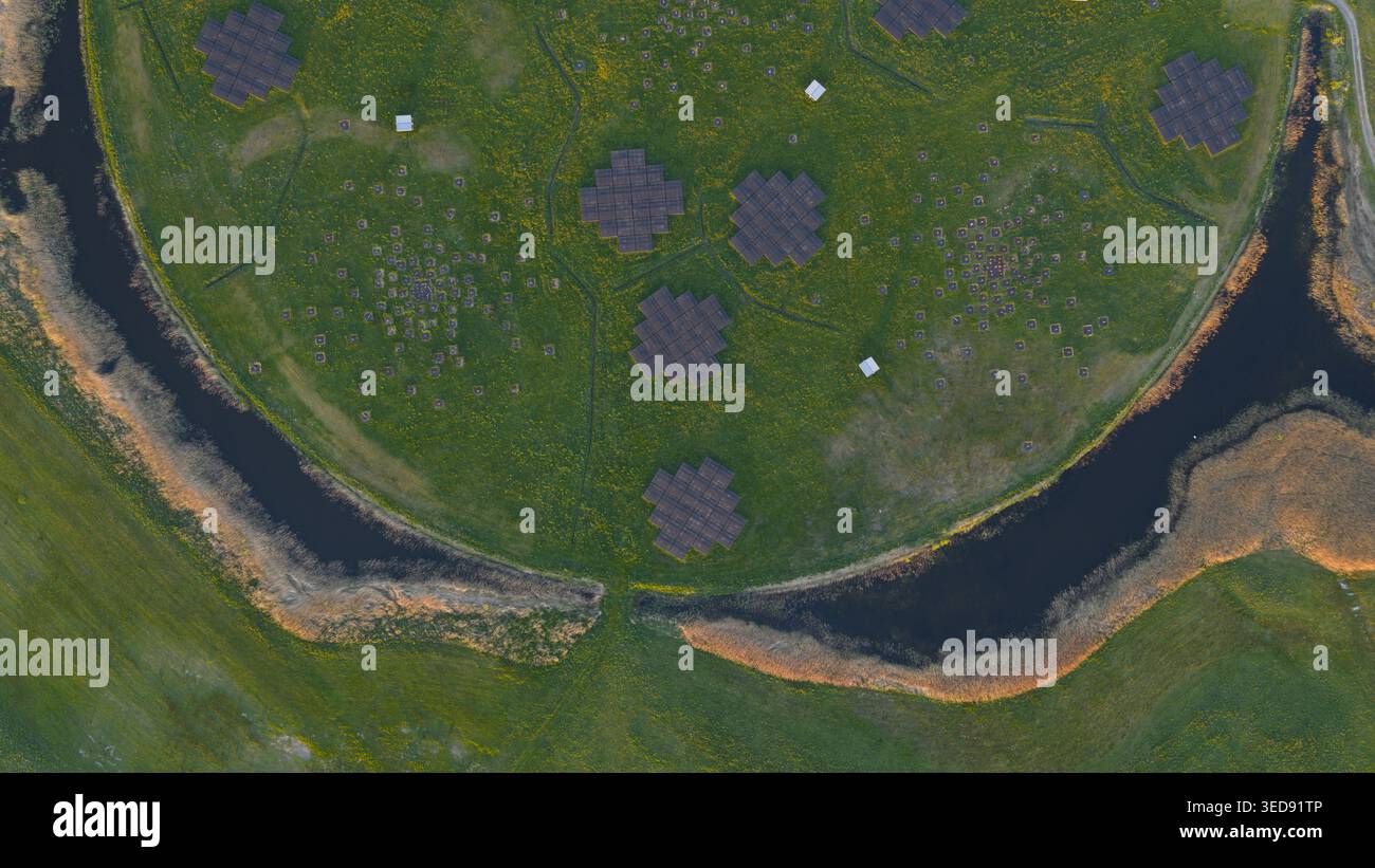 Lofar Array Aerial view of the LOFAR superterp radio telescope antenna arrays on a ...