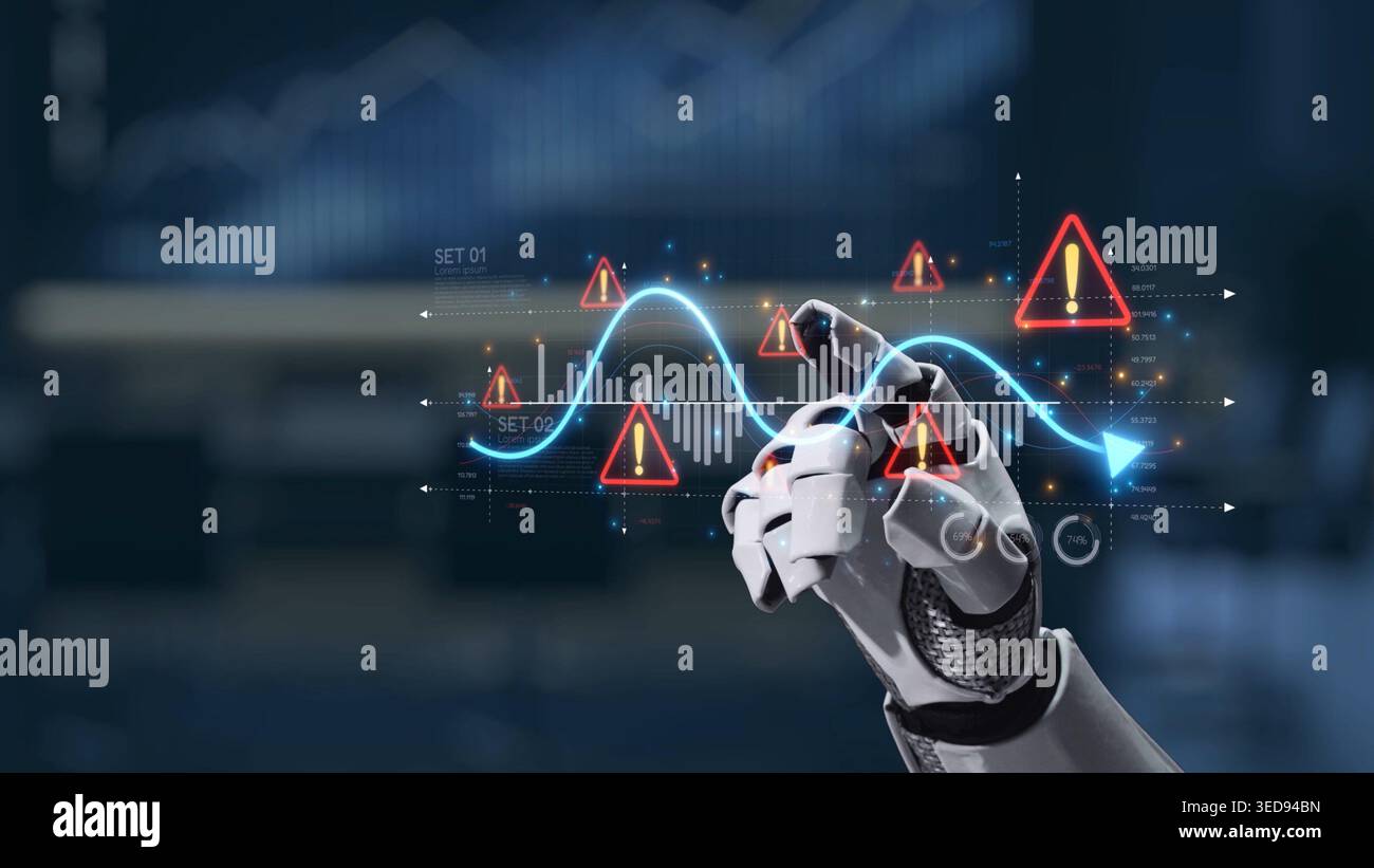 A robotic hand engages with digital data displays, showcasing warning ...