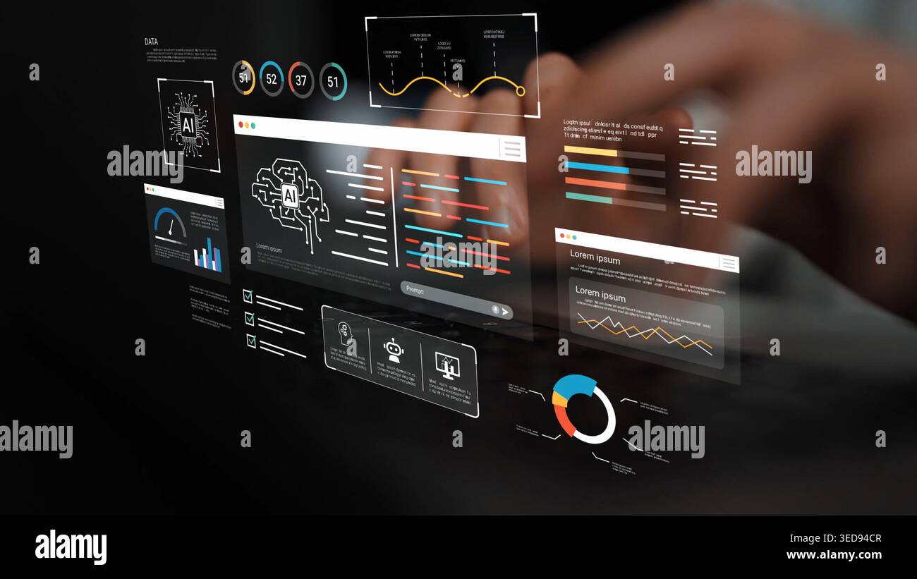 Abstract AI Interface with Data Visualization Elements for Modern Technology and Analytics Concepts Gluon. Stock Photo