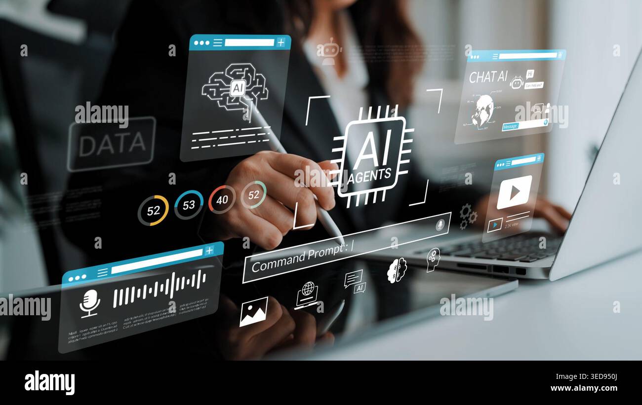 Business professional interacting with virtual data interface, showcasing AI agents, analytics tools, and communication features in a modern workspace Stock Photo