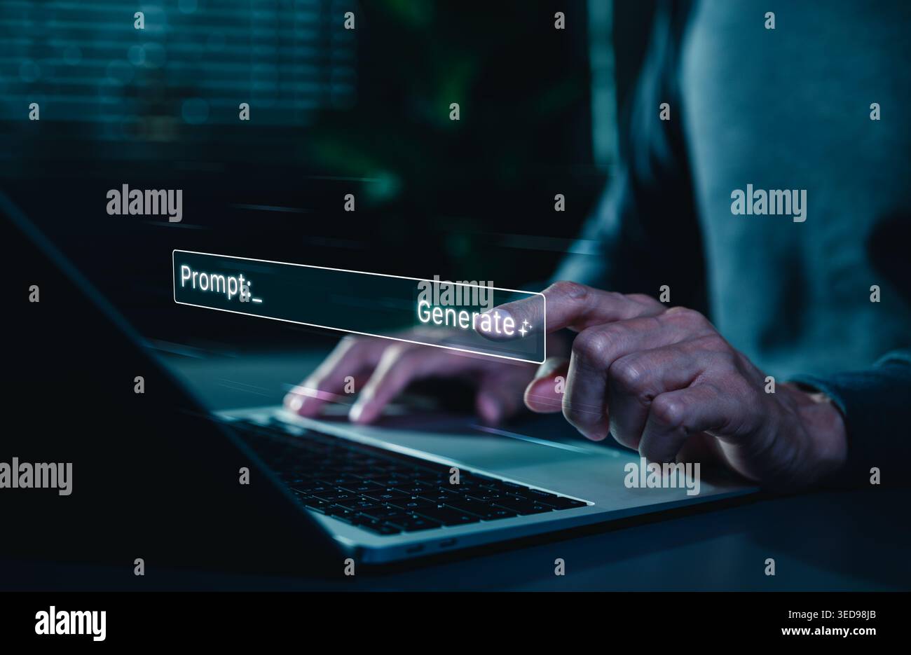 AI generative prompt engineering concept. hand pressing generate button on virtual interface to represent artificial intelligence smart technology, Stock Photo