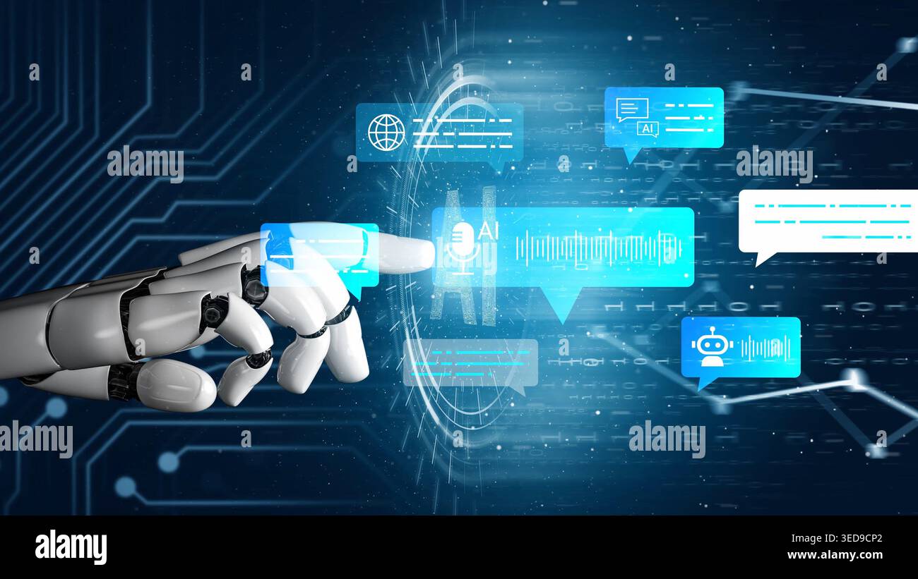 Futuristic Robotic Hand Interacting with AI Speech Recognition Interface and Digital Communication Elements in a Technology Background Gluon. Stock Photo
