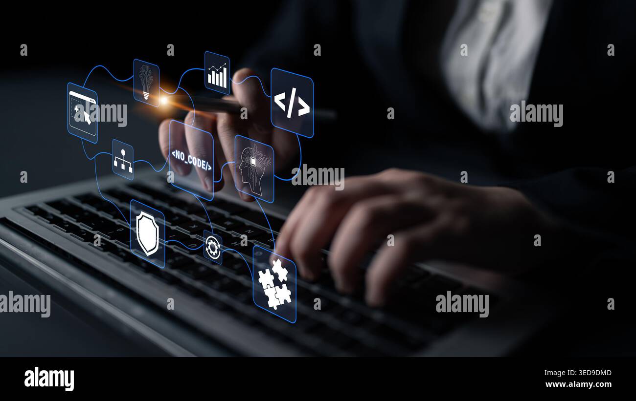 Business Professional Using Laptop with Digital Icons Representing Technology, Data Analysis, and Software Development in Dark Environment Quark. Stock Photo