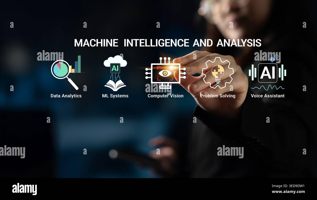 Machine Intelligence and Analysis Concept with Data Analytics, ML Systems, Computer Vision, Problem Solving, and Voice Assistant Icons Haptic. Stock Photo