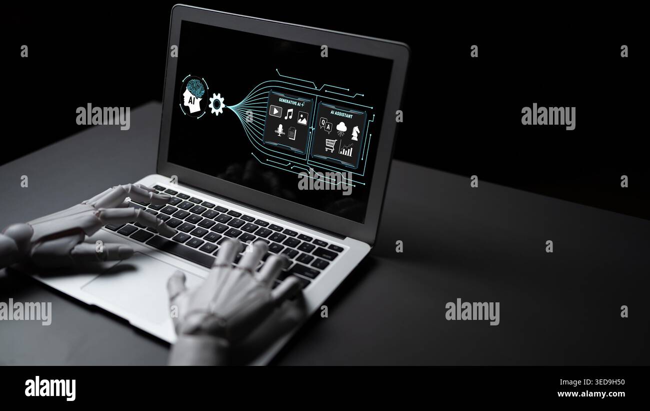 Futuristic robotic hand interacting with laptop displaying artificial intelligence and data analysis interface in dark environment Fluxor. Stock Photo