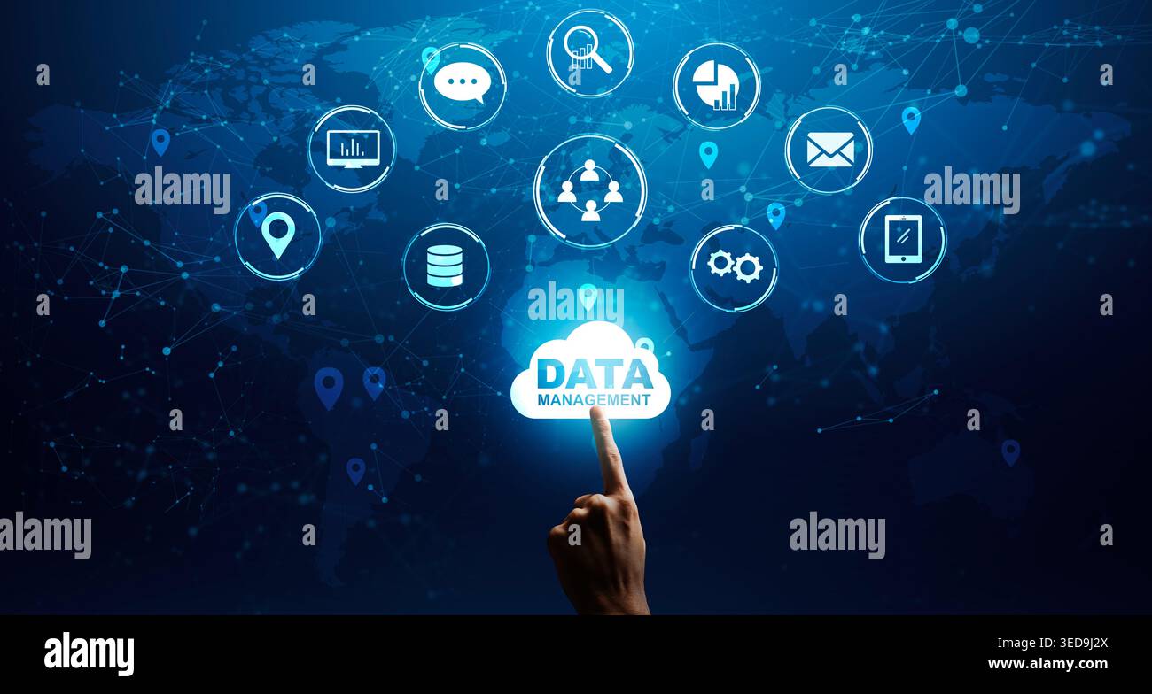 Man Hand Choosing Gloving Data Management Cloud, Different Infographic Icons On Background Stock Photo