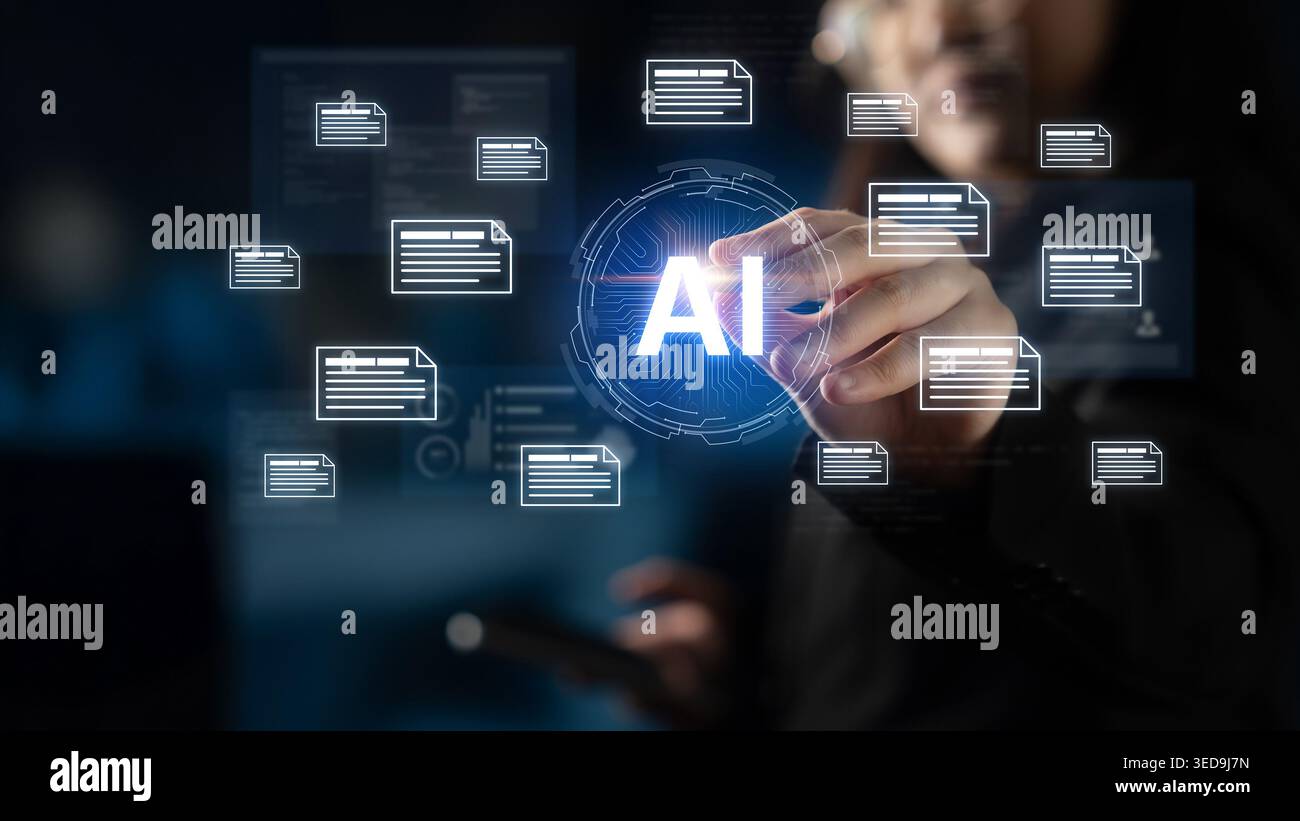 AI document automation concept with floating files and knowledge cards. Document NLP processing, search, document summarization, LLM document Stock Photo
