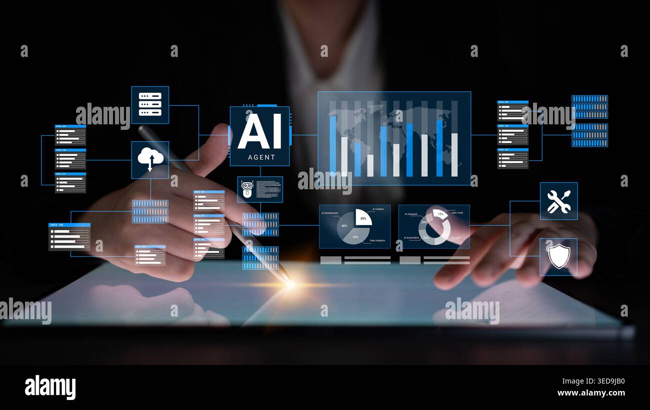 A business professional interacts with a high-tech digital interface showcasing various analytics and data visualization elements to enhance decision Stock Photo