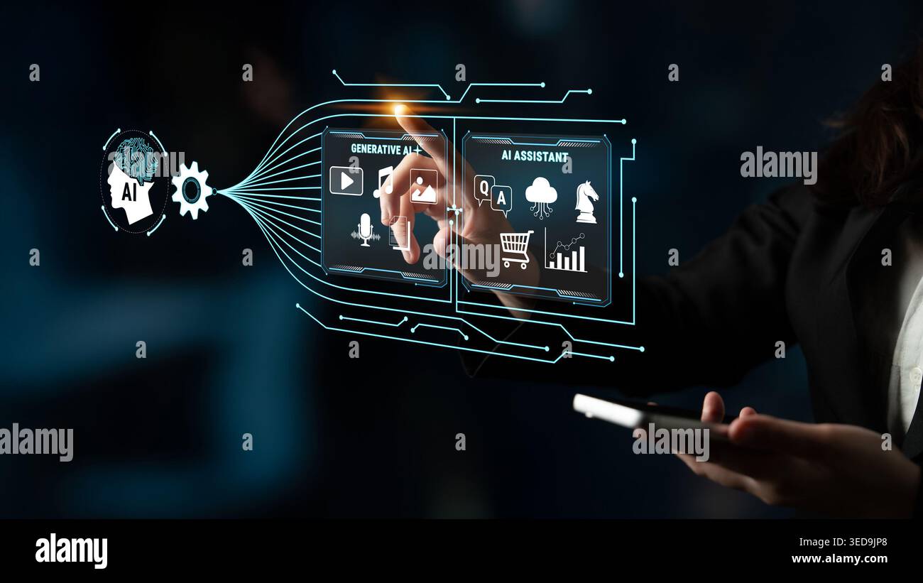 Woman Using Smartphone to Access Generative AI Technology with Interactive Digital Interface and Data Visualizations in Dark Environment Fluxor. Stock Photo