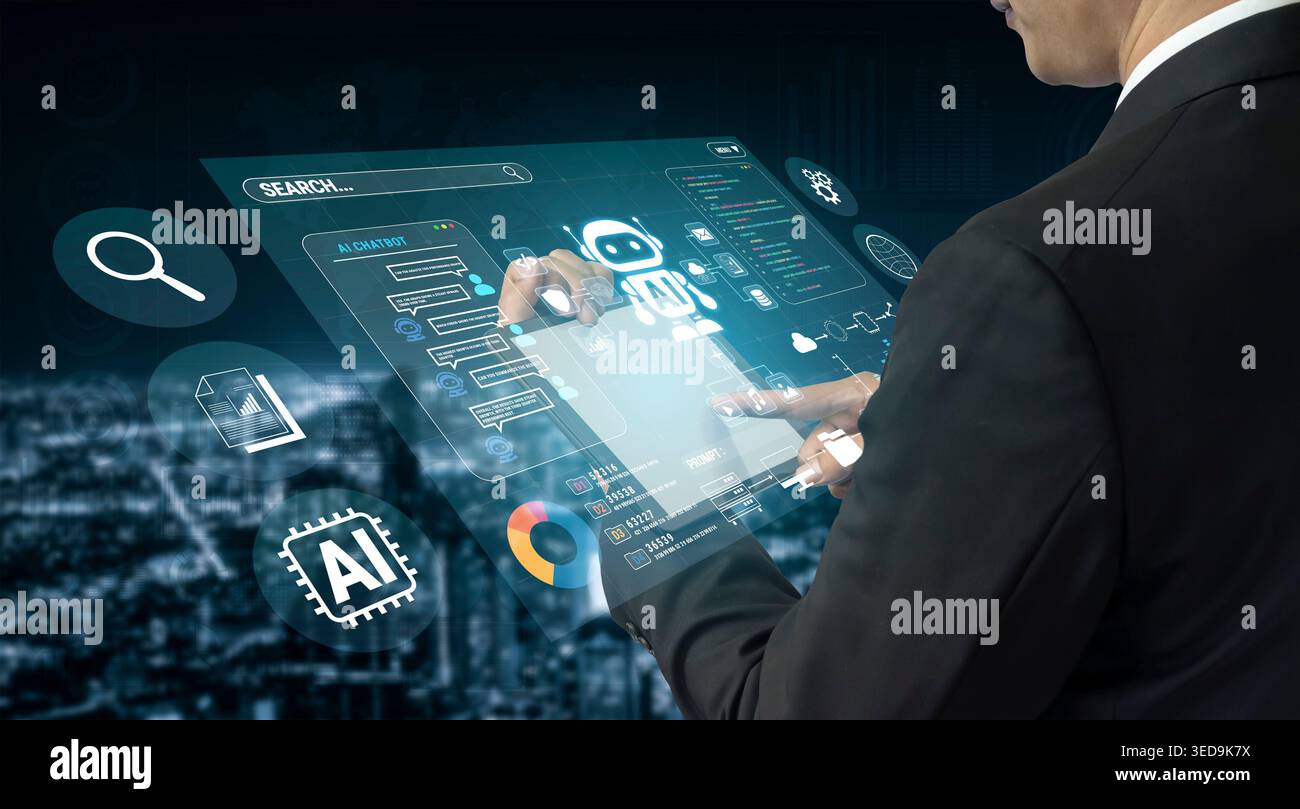 Businessman Interacting with Futuristic Digital Technology Interface Featuring Artificial Intelligence and Data Analysis in Modern Urban Environment Stock Photo