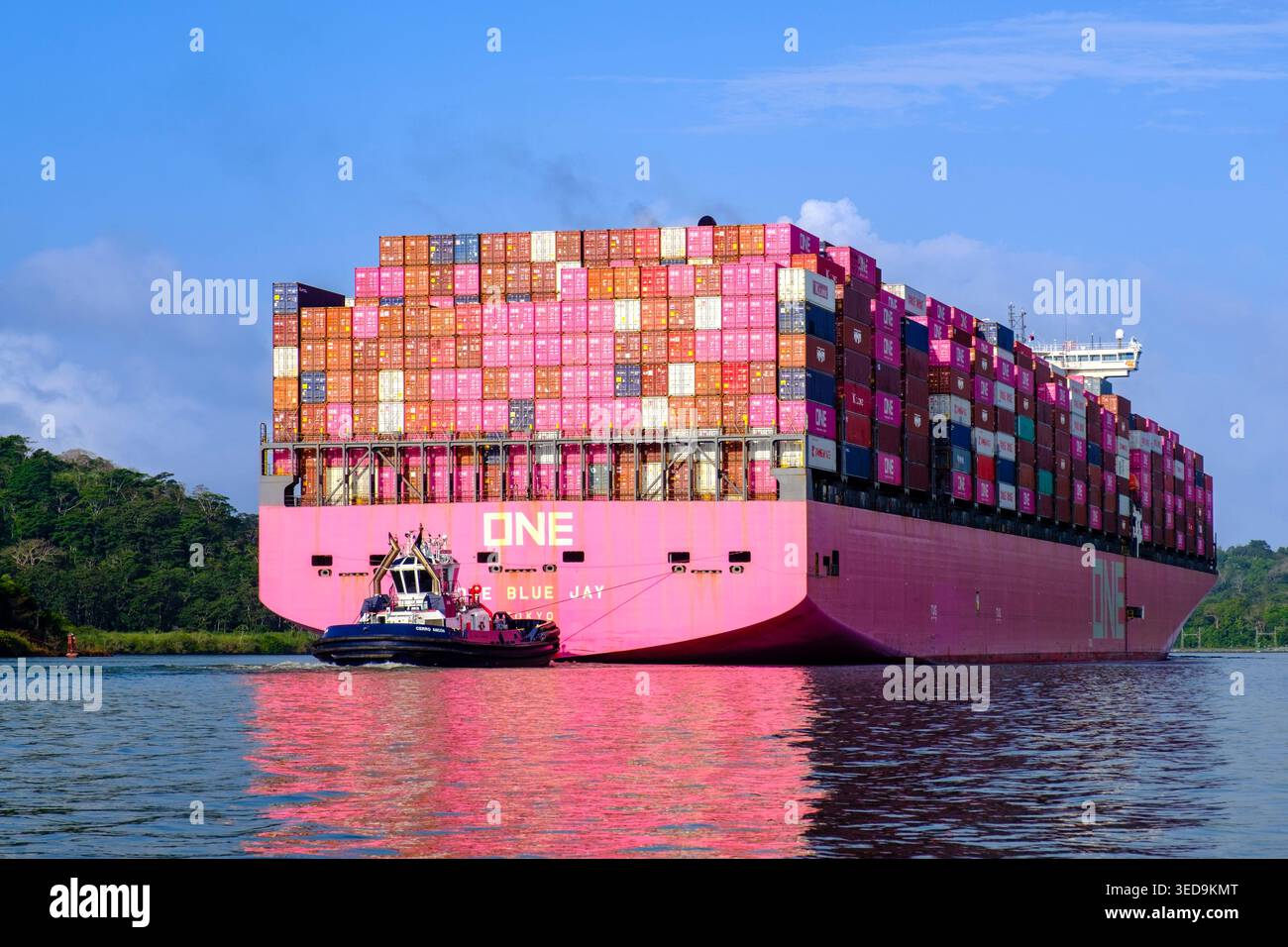 Shipping containers, Ocean Network Express, ONE container ship on Gatun Lake, Panama Canal, Panama Stock Photo