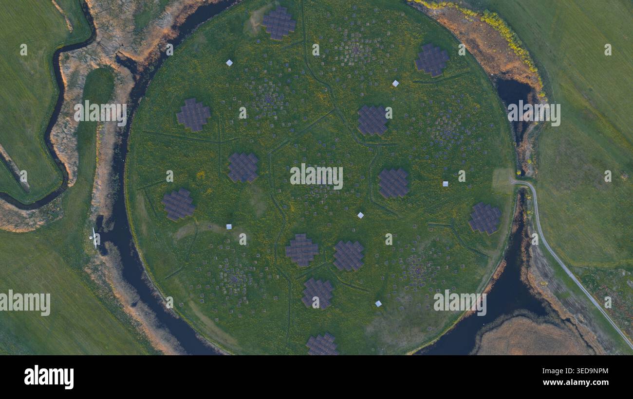 Lofar Array Aerial view of the LOFAR superterp radio telescope station with its ...