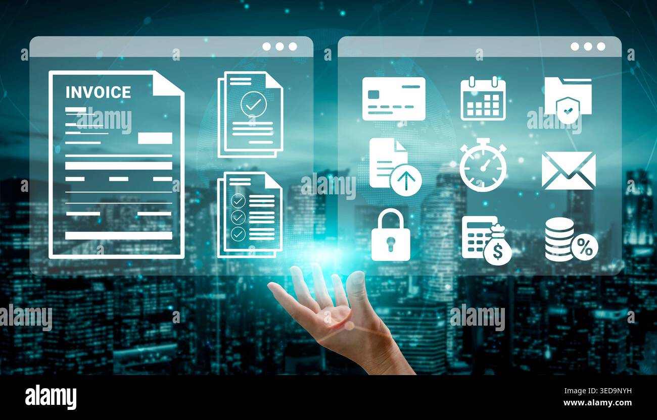 Concept showcasing a hand reaching for virtual screens filled with business icons and invoices, emphasizing digital transformation in a modern urban Stock Photo