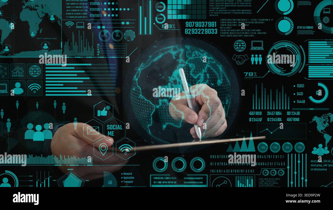 Explore a dynamic visualization of advanced communication networks featuring global data analytics, innovative interfaces, and modern connectivity Stock Photo