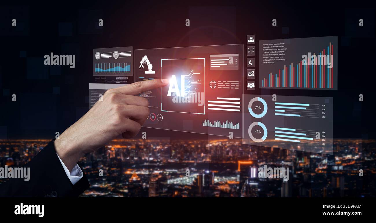 Artificial intelligence improves industrial automation, optimizing data analytics, precision robotics, and smart factory operations to enhance Stock Photo
