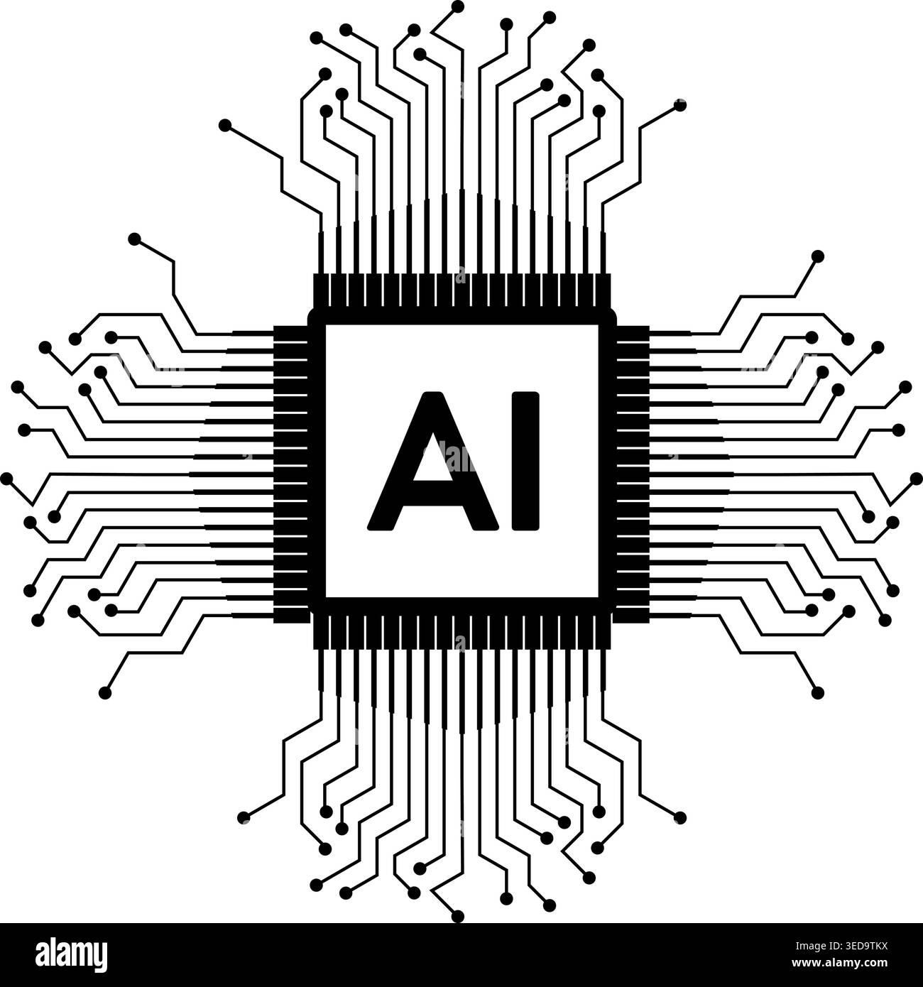 Branching microchip with inscription AI. Vector line illustration for AI networking concept, distributed computing, neural network Stock Vector
