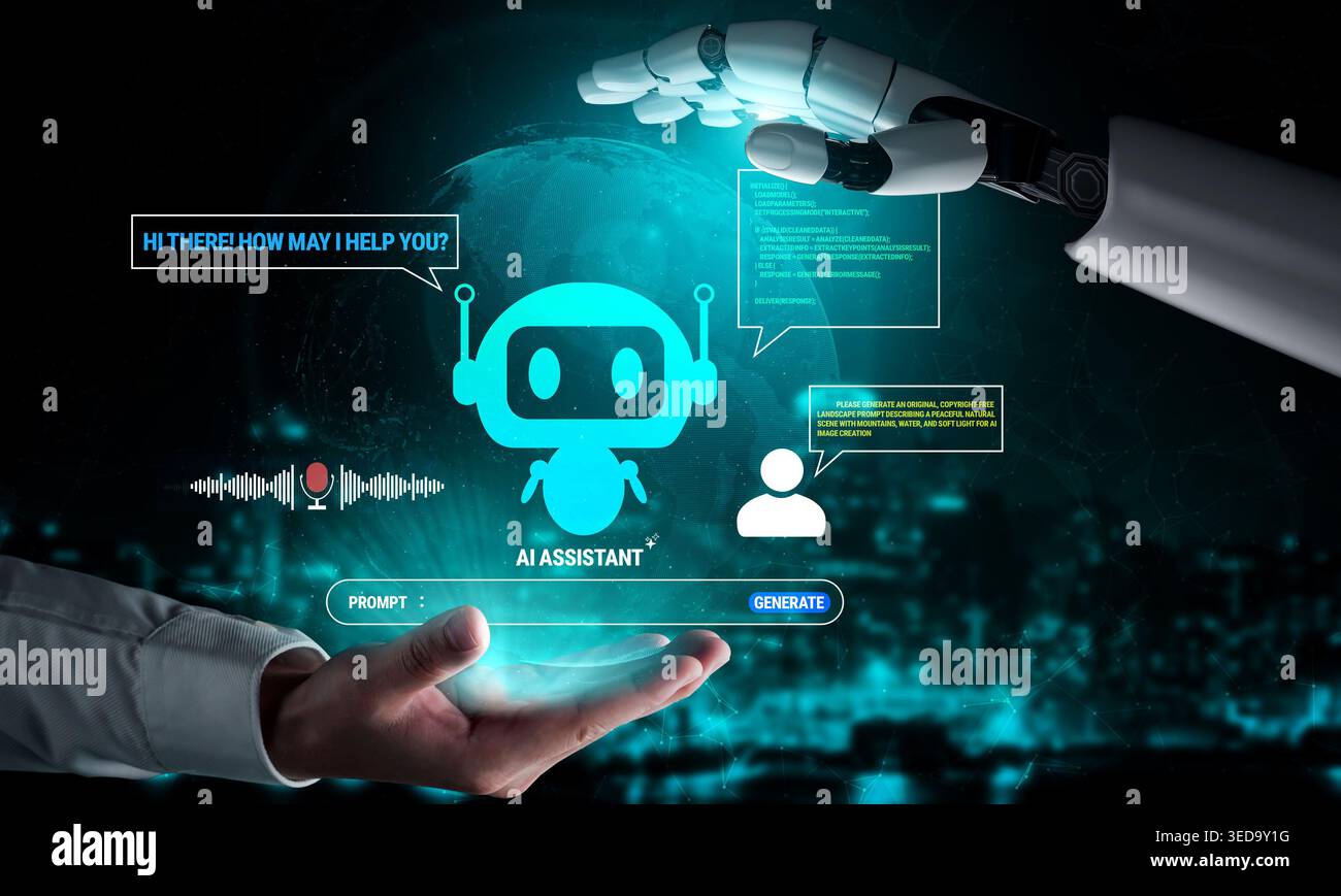 Interactive AI Assistant Concept with Virtual Communication and Technology Interface for Digital Support Services Quark. Stock Photo