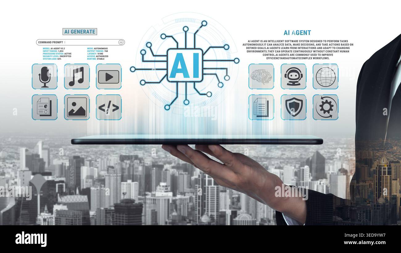 Modern Technology Concept with AI Agent Interface and City Skyline Background Displaying Data Processing and Interaction Features Fluxor. Stock Photo