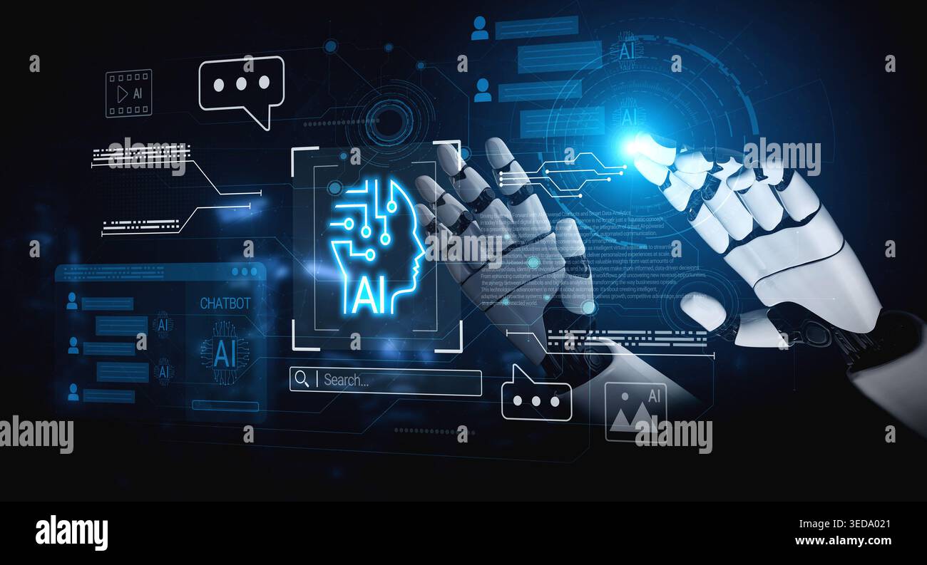 AI chatbot system analyzing user interactions and automating real-time responses, combining data-driven insights with intelligent communication Stock Photo