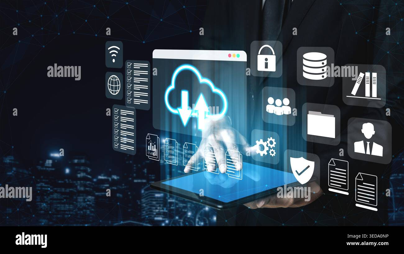 Cloud upload and download icon with surrounding data management, security, and analytics icons in digital interface Parse Stock Photo