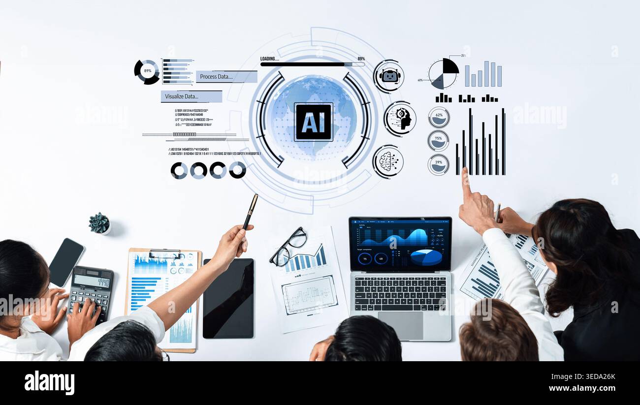 A diverse business team collaborates on advanced data analysis, utilizing technology to explore artificial intelligence strategies and visualize key Stock Photo