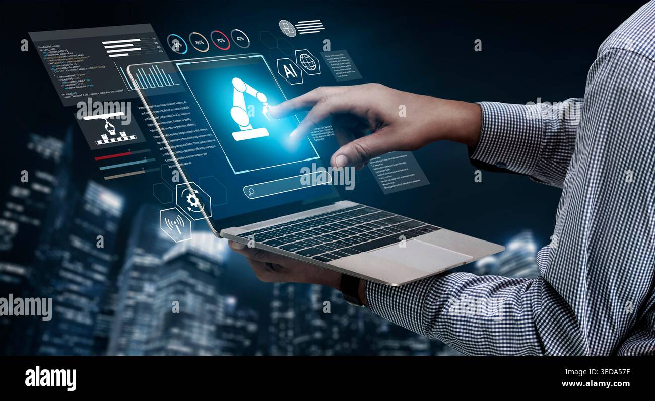 Robotic process automation enhances industrial efficiency through AI integration, intelligent control, and data-driven automation, improving workflow Stock Photo