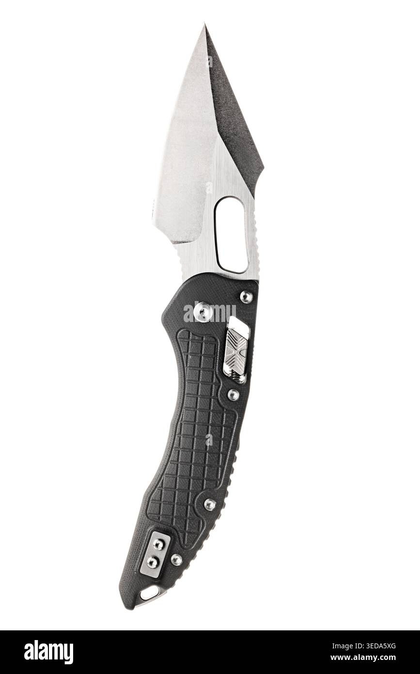 Tactical Folding Knife with Black Textured Handle on white Background Stock Photo