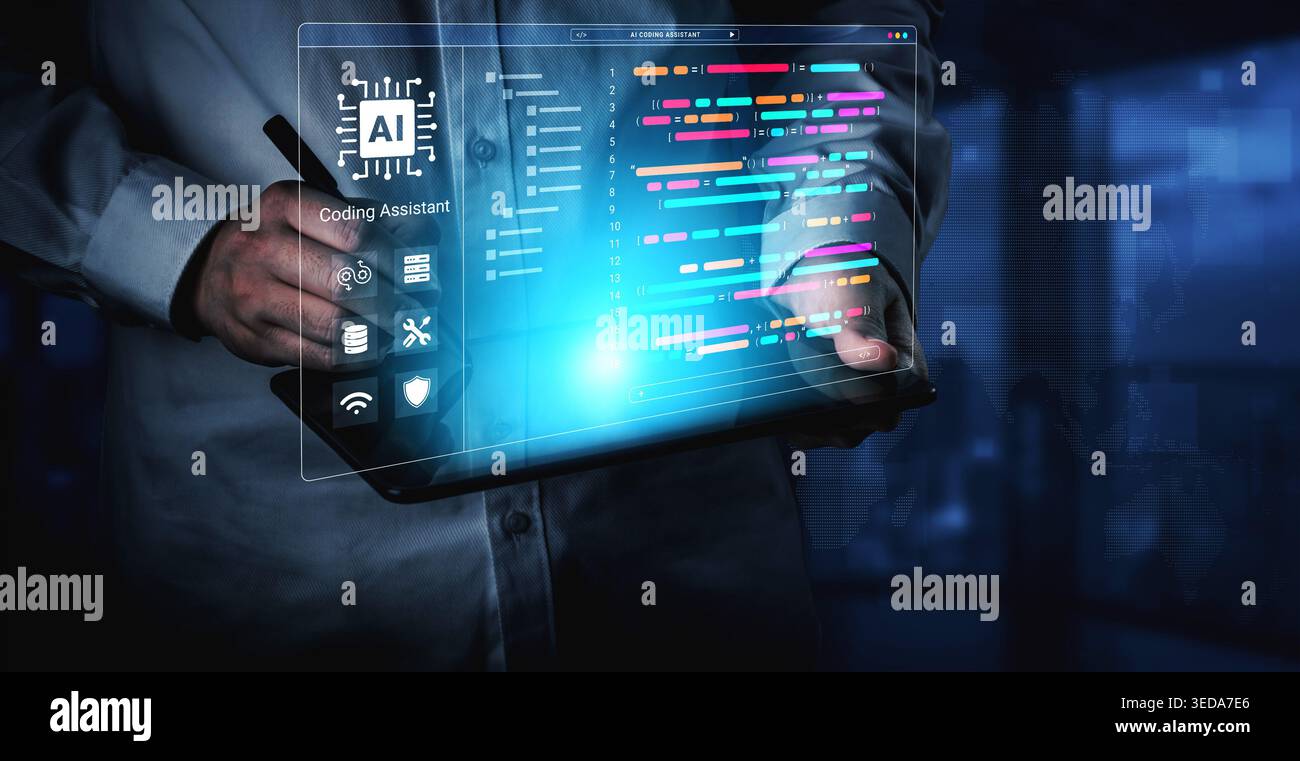 A person interacts with a tablet showcasing a futuristic coding assistant, emphasizing technology and data analysis in a modern digital setting Stock Photo