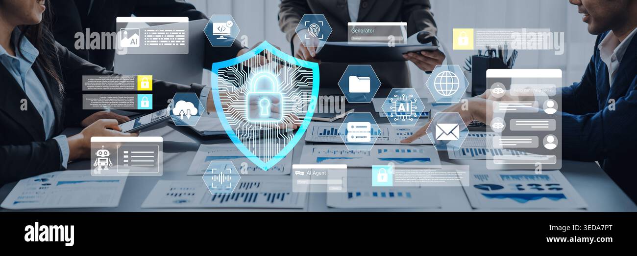 A business team collaborates on cybersecurity solutions, showcasing digital data protection elements in a modern workspace, emphasizing teamwork and Stock Photo