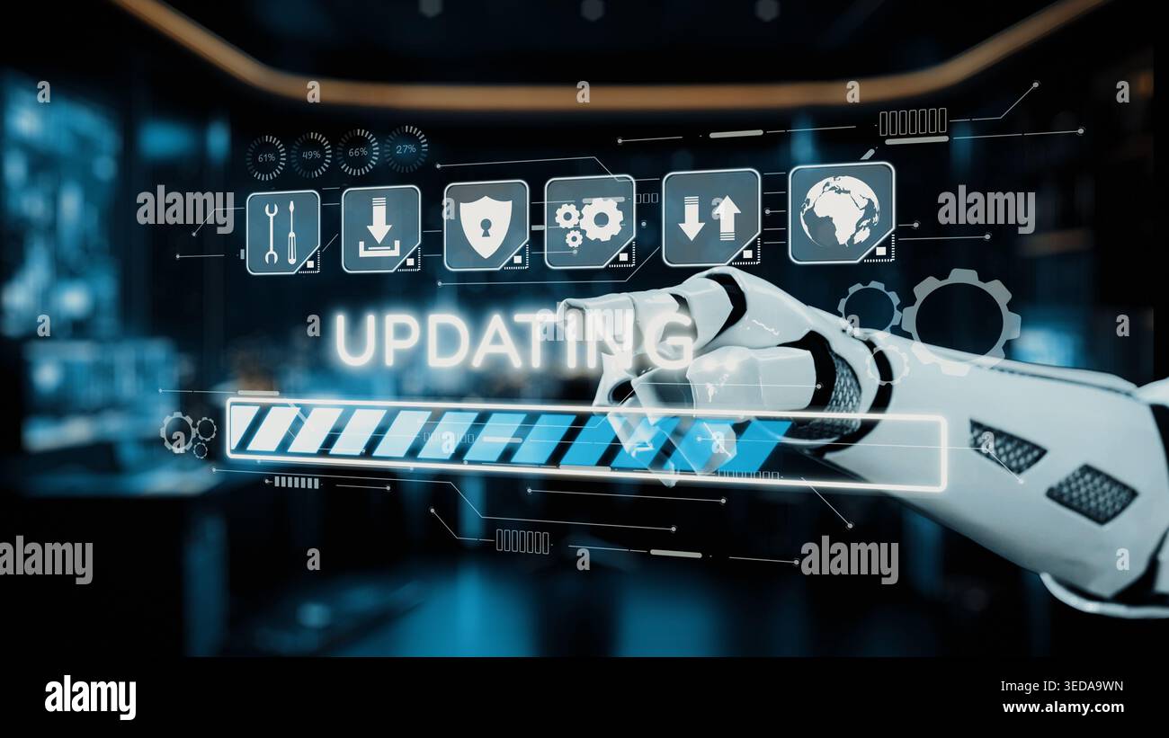 A robotic arm engages with a digital interface displaying an updating ...