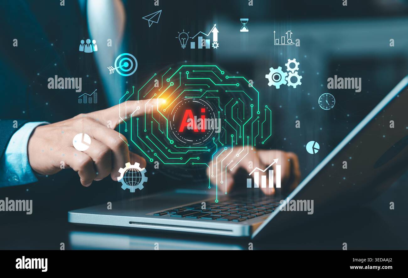 Advanced AI artificial intelligence concept. Circuit brain icon on virtual screen representing deep learning, neural network, and future digital techn Stock Photo